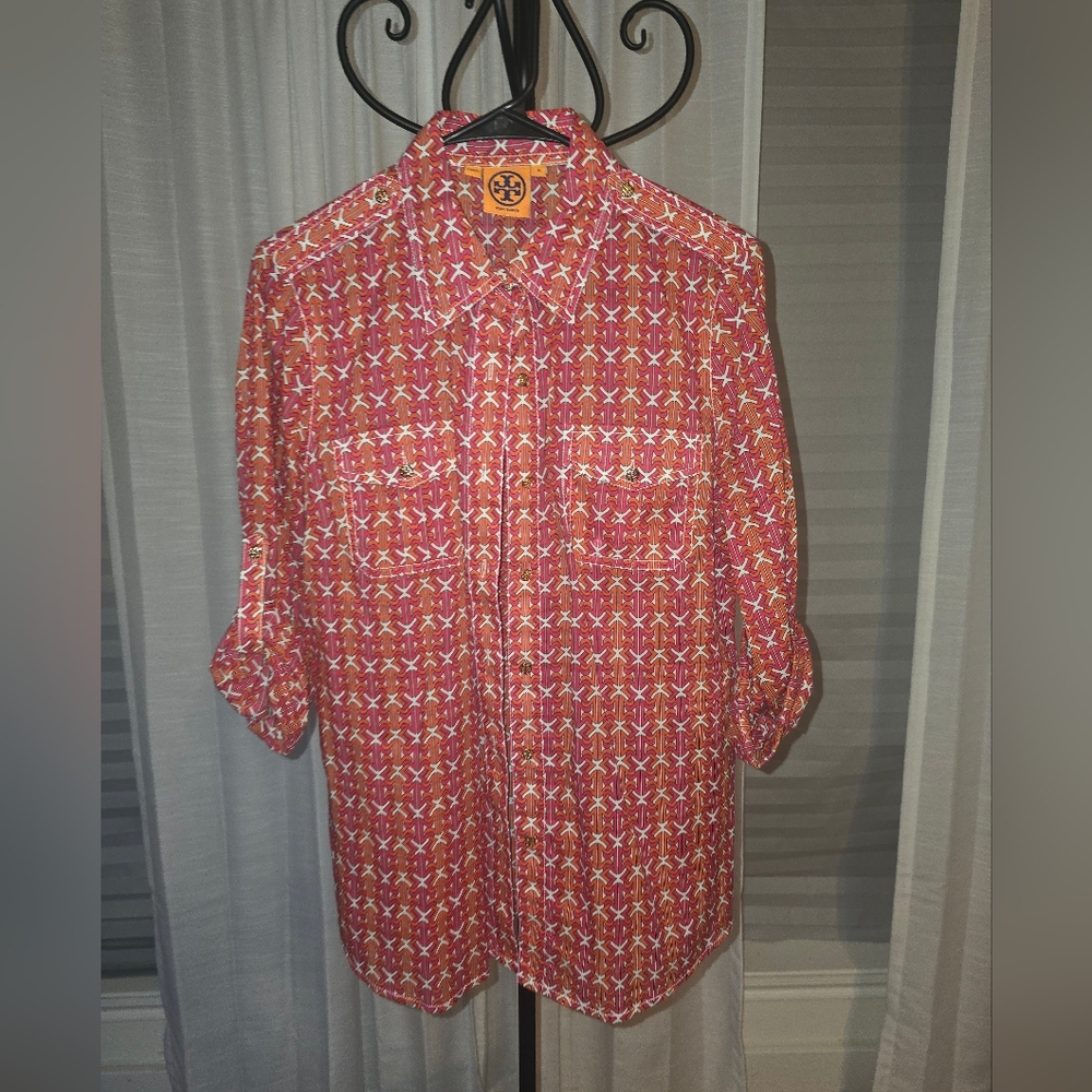 Tory Burch Red And White Patterned Button Down Sh… - image 2
